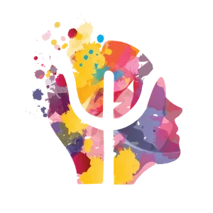 Logo de Rubén Millán psicología con el símbolo Psi y una silueta de cabeza humana con salpicaduras de acuarela de colores.
