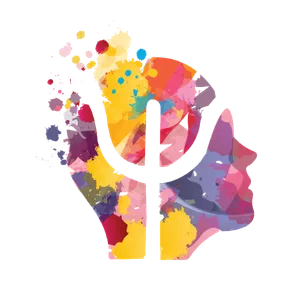 Logo de Rubén Millán psicología con el símbolo Psi y una silueta de cabeza humana con salpicaduras de acuarela de colores.